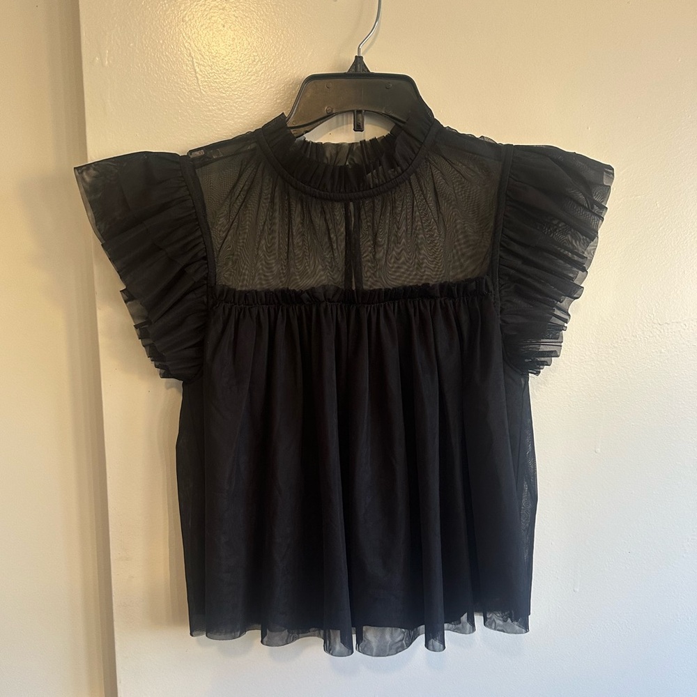 Joie Black Sheer Ruffled Sleeve Blouse